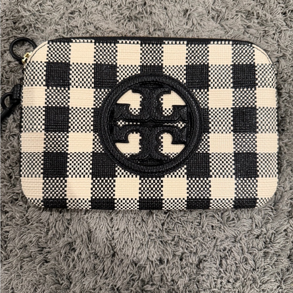 Tory Burch Black and Cream Gingham Logo Wristlet